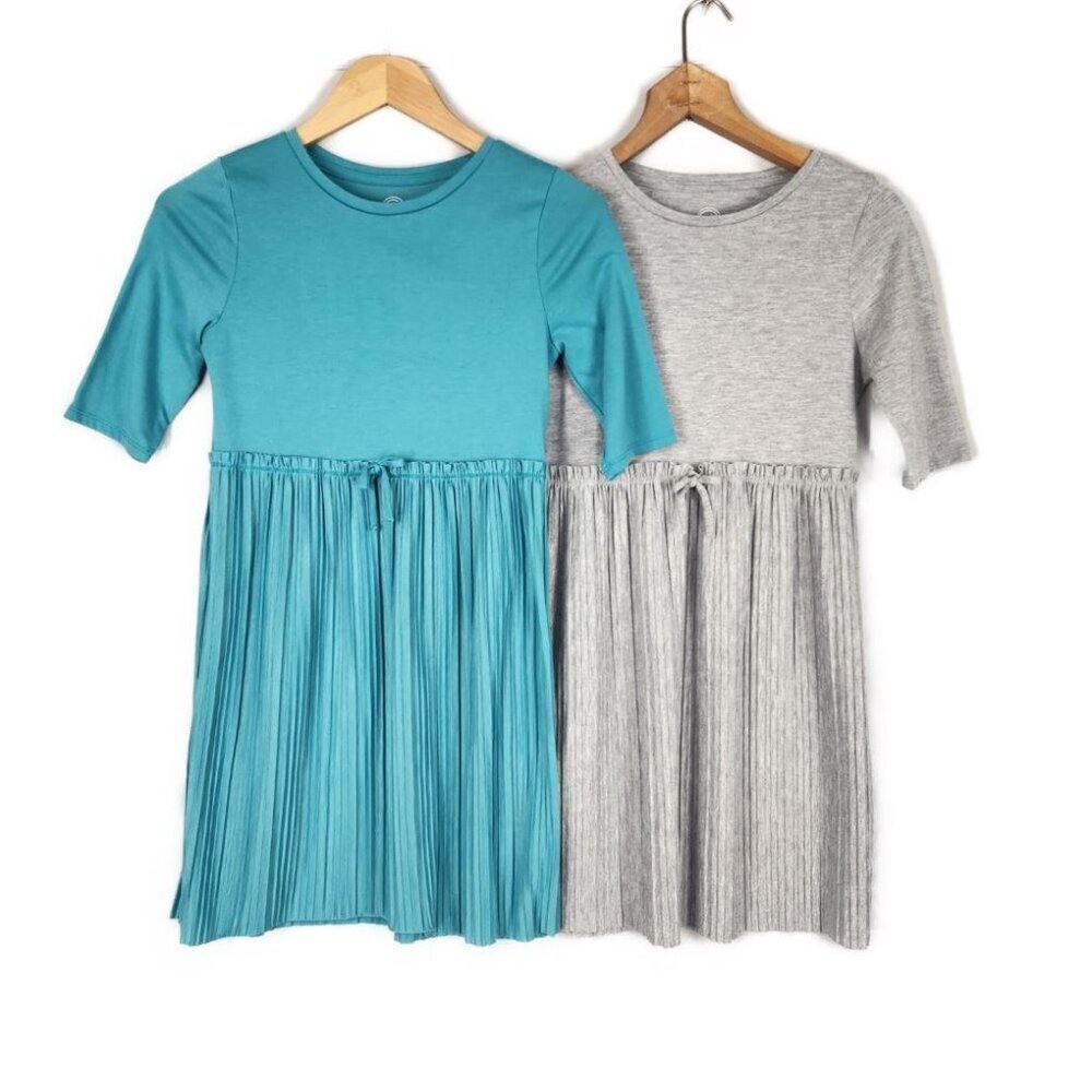 2 Wonder Nation Pleated Tee Shirt Dresses Girls L 10/12 Gray Teal Short Sleeve